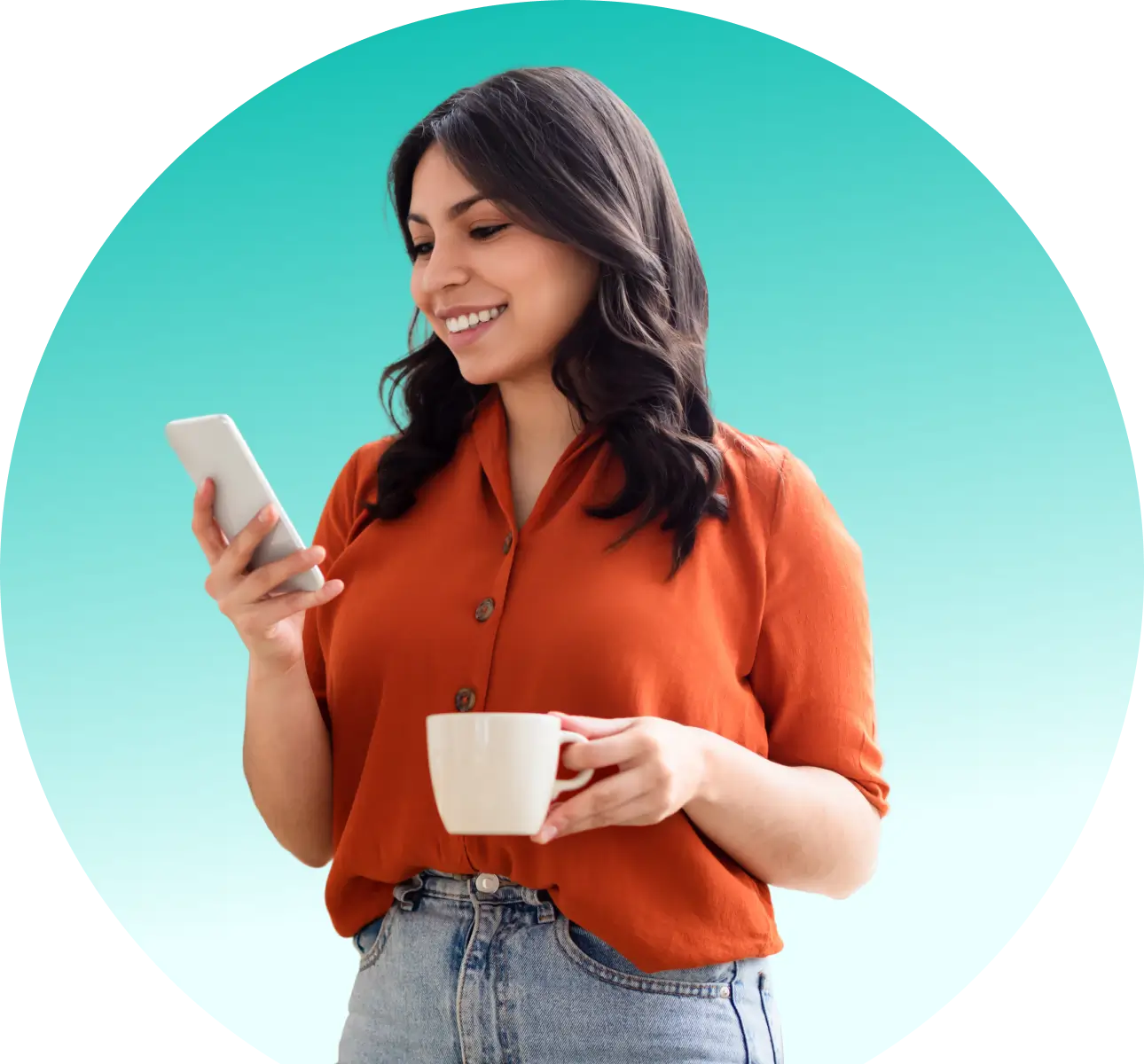 Smiling woman holding coffee cup and smartphone
